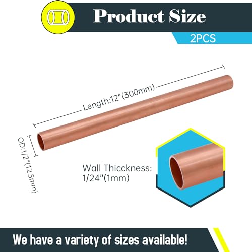 Uxney 1/2"OD Copper Pipe, 1 mm Wall Thickness 12" Length Copper Round Tube Widely used in various industrial applications(2 Pcs)