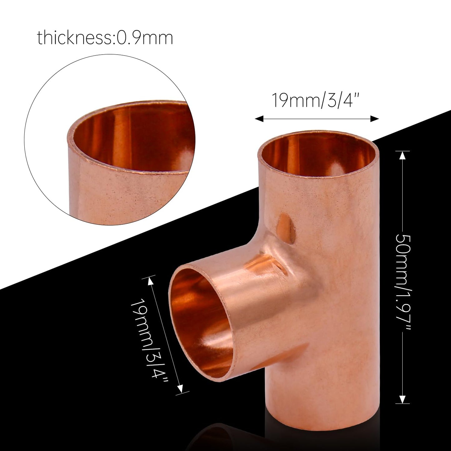 Uxney Copper Fittings Tee,Copper Three Way 3/4 Inch ID Welding Joint for HVAC Units, with Rolled Tube Stop Sweat Ends,Pack of 5