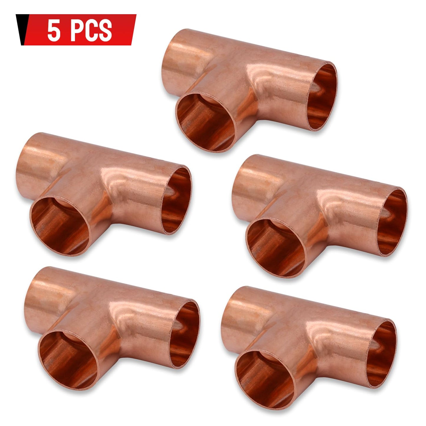 Uxney Copper Fittings Tee,Copper Three Way 7/8 Inch ID Welding Joint for HVAC Units, with Rolled Tube Stop Sweat Ends,Pack of 5