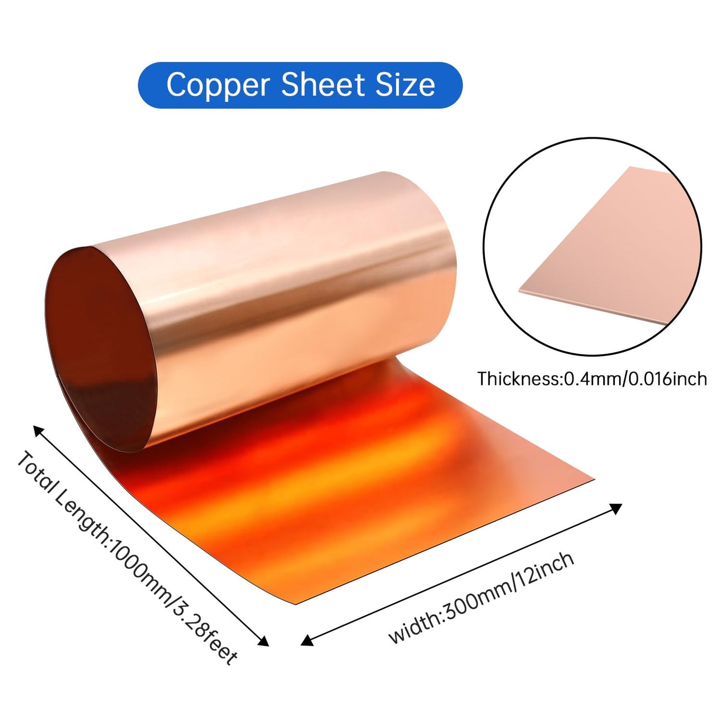 Uxney Copper Sheet Roll,Copper Flashing Roll 1000x300x0.4mm(LxWxT) Applicable to Various House Repair and DIY Projects