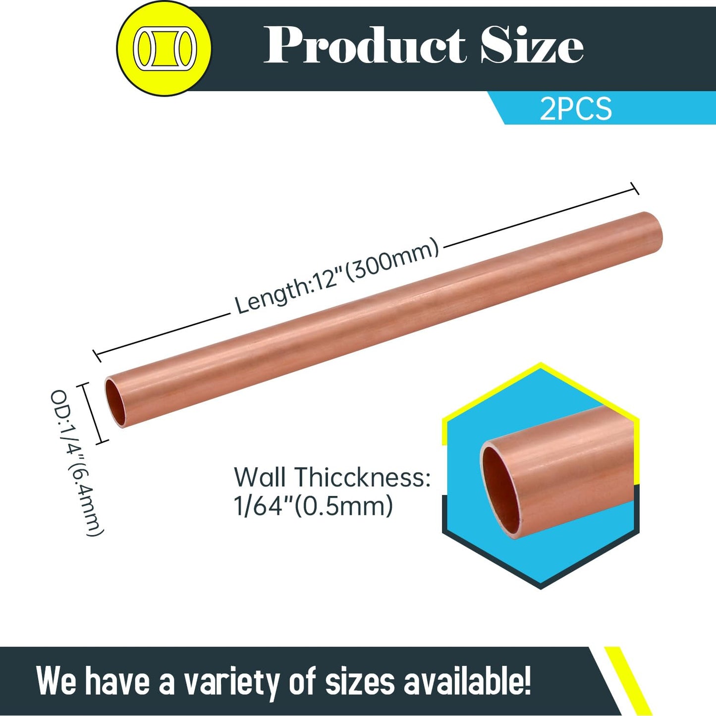 YTKavq 1/4"OD Copper Pipe, 0.5mm Wall Thickness 12" Length Copper Round Tube Widely used in various industrial applications(2 Pcs)
