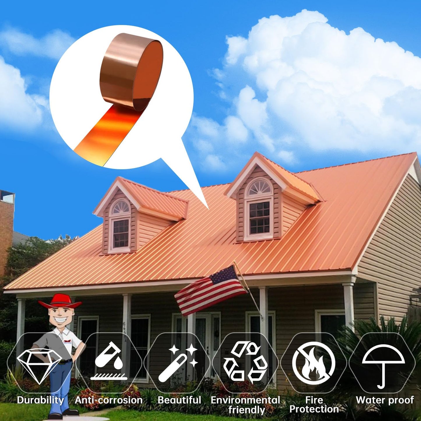 Uxney Copper Sheet Roll,Copper Flashing Roll 1000x300x0.4mm(LxWxT) Applicable to Various House Repair and DIY Projects