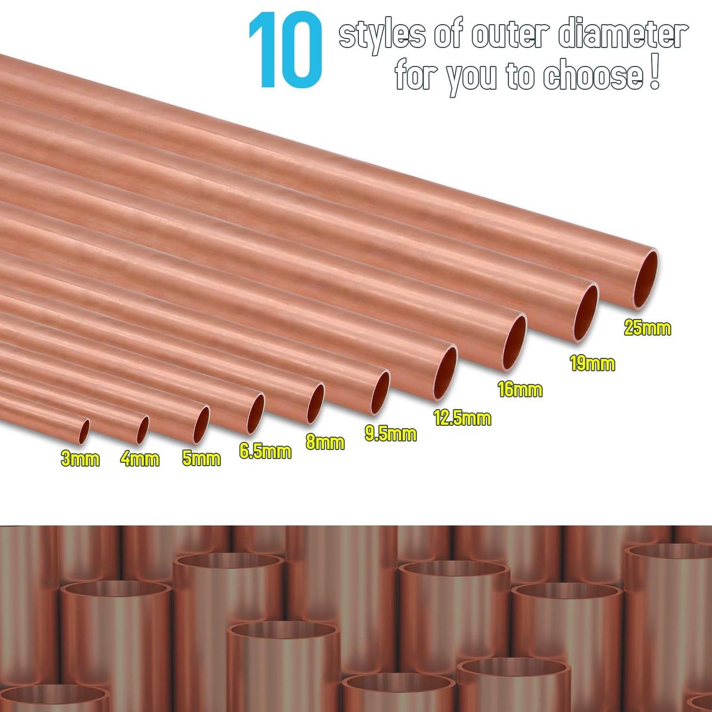 Uxney 1/4"OD Copper Pipe, 0.5mm Wall Thickness 10" Length Copper Round Tube Widely used in various industrial applications(2 Pcs)