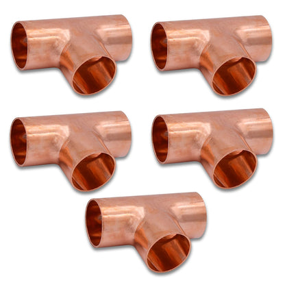 Uxney Copper Fittings Tee,Copper Three Way 1/4 Inch ID Welding Joint for HVAC Units, with Rolled Tube Stop Sweat Ends,Pack of 5
