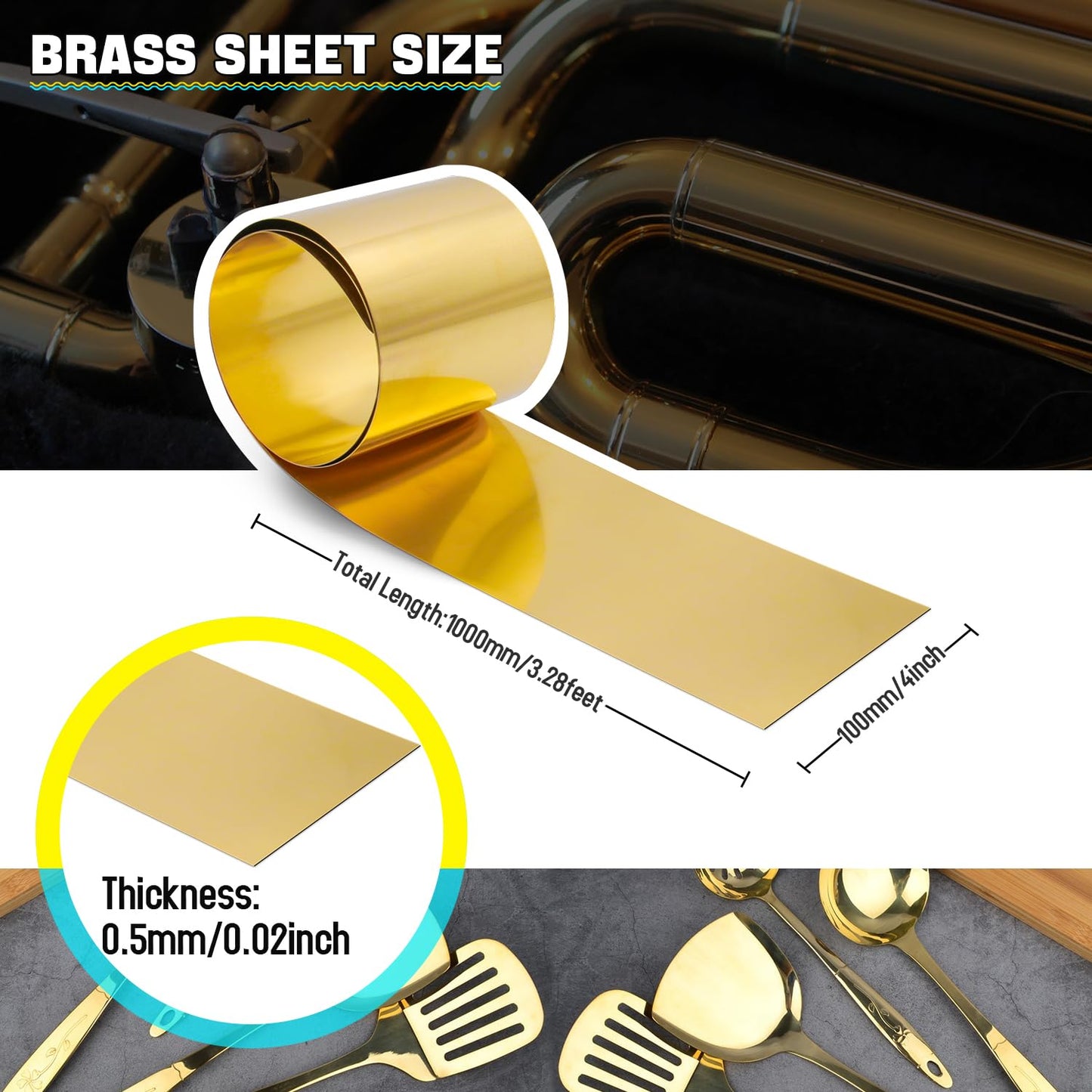 Uxney Brass Sheet Roll, Gold Foil Sheets 1000mm x 100mm x 0.5mm for Crafts, Electrical Repairs, DIY Projects