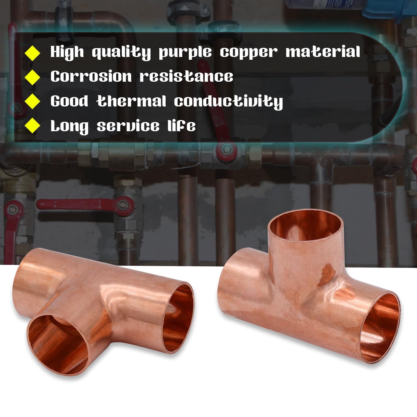 Uxney Copper Fittings Tee,Copper Three Way 1/4 Inch ID Welding Joint for HVAC Units, with Rolled Tube Stop Sweat Ends,Pack of 5