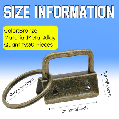 Uxney Key fob Hardware,30 PCS 1 Inch Key fob Keychain with Keychain Rings for Bag Webbing Wristlets Lanyards and Key Chain Making Hardware Supplies(Bronze)
