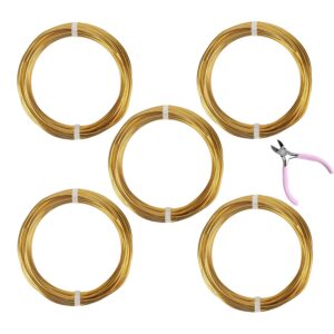 5 Rolls Aluminum Craft Wire Kit with Side Cutter Pliers, Multi-Size [18/15/12/10/9] Gauge, Flexible Metal Wire Set for Jewelry Making, Bonsai and Sculpting (82 Ft Total, 16.4 Ft/Roll, Gold)