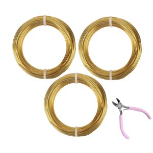 3 Rolls Aluminum Craft Wire Kit with Side Cutter Pliers, Multi-Size [18/12/9] Gauge, Flexible Metal Wire Set for Jewelry Making, Bonsai and Sculpting (98.4 Ft Total, 32.8 Ft/Roll, Gold)