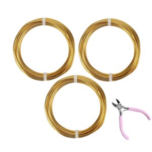 3 Rolls Aluminum Craft Wire Kit with Side Cutter Pliers, Multi-Size [18/12/9] Gauge, Flexible Metal Wire Set for Jewelry Making, Bonsai and Sculpting (49.2 Ft Total, 16.4 Ft/Roll, Gold)
