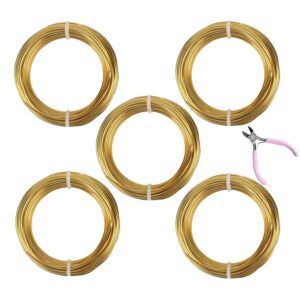 5 Rolls Aluminum Craft Wire Kit with Side Cutter Pliers, Multi-Size [18/15/12/10/9] Gauge, Flexible Metal Wire Set for Jewelry Making, Bonsai and Sculpting (164 Ft Total, 32.8 Ft/Roll, Gold)